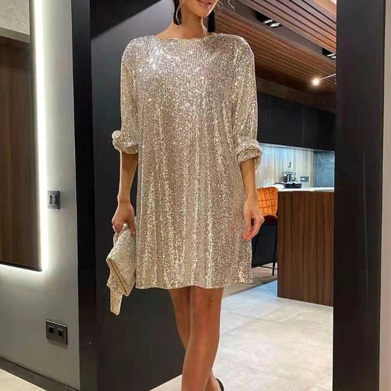 Sapphire blue sequin mini dress relaxed silhouette full shimmer overlay for cocktail evenings
