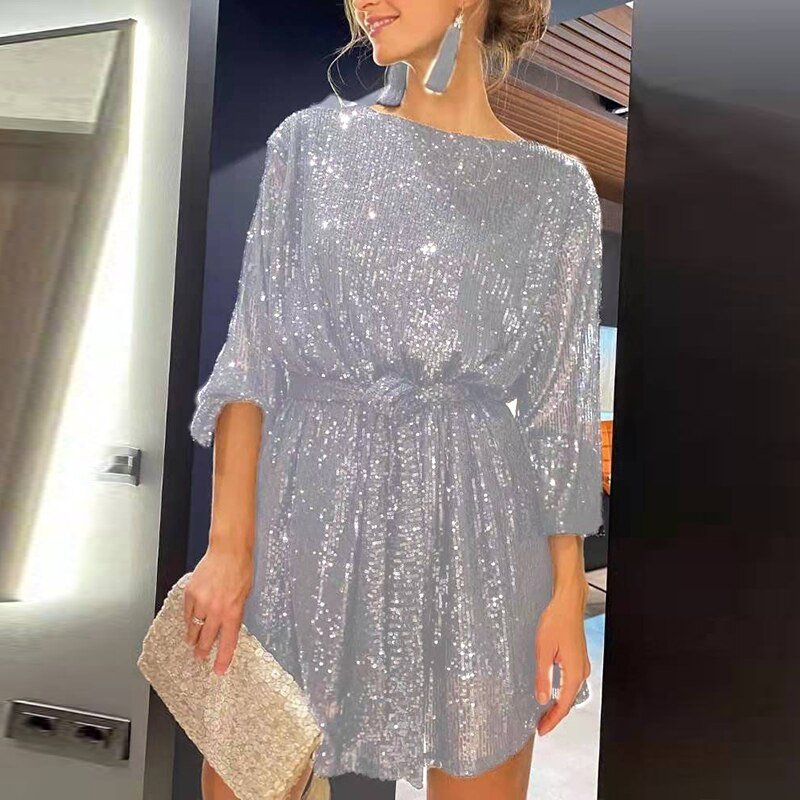 Sapphire blue sequin mini dress relaxed silhouette with full shimmering overlay for cocktail evenings