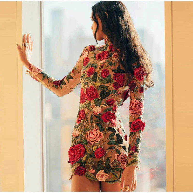 Multicolor floral embroidered sheer mesh mini dress with long sleeves, nightlife-ready couture silhouette