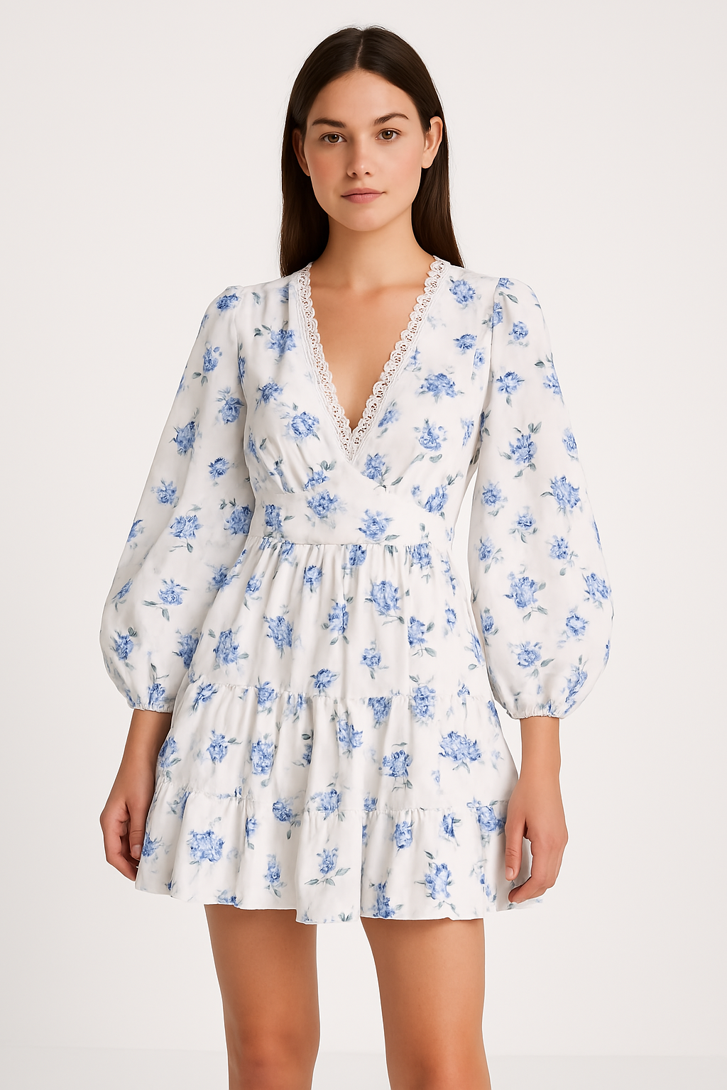 Floral A-line mini dress with lace V-neck, puff sleeves, and feminine rose bloom print