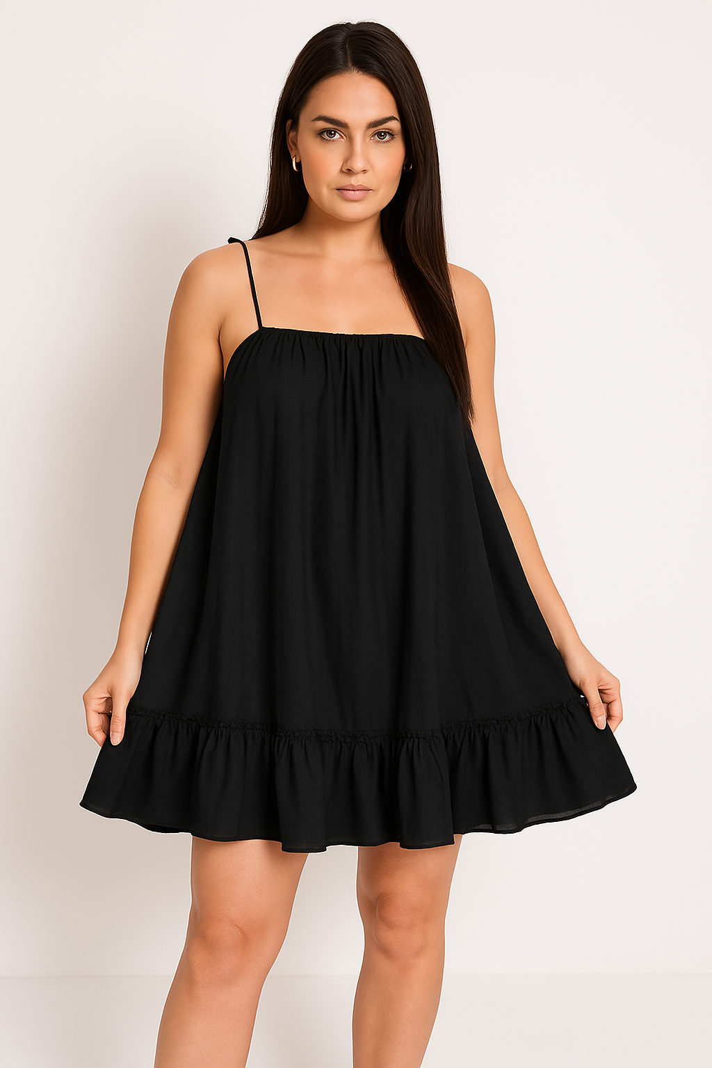 Women's loose cotton sundress with spaghetti straps and gathered neckline, lightweight breathable summer style