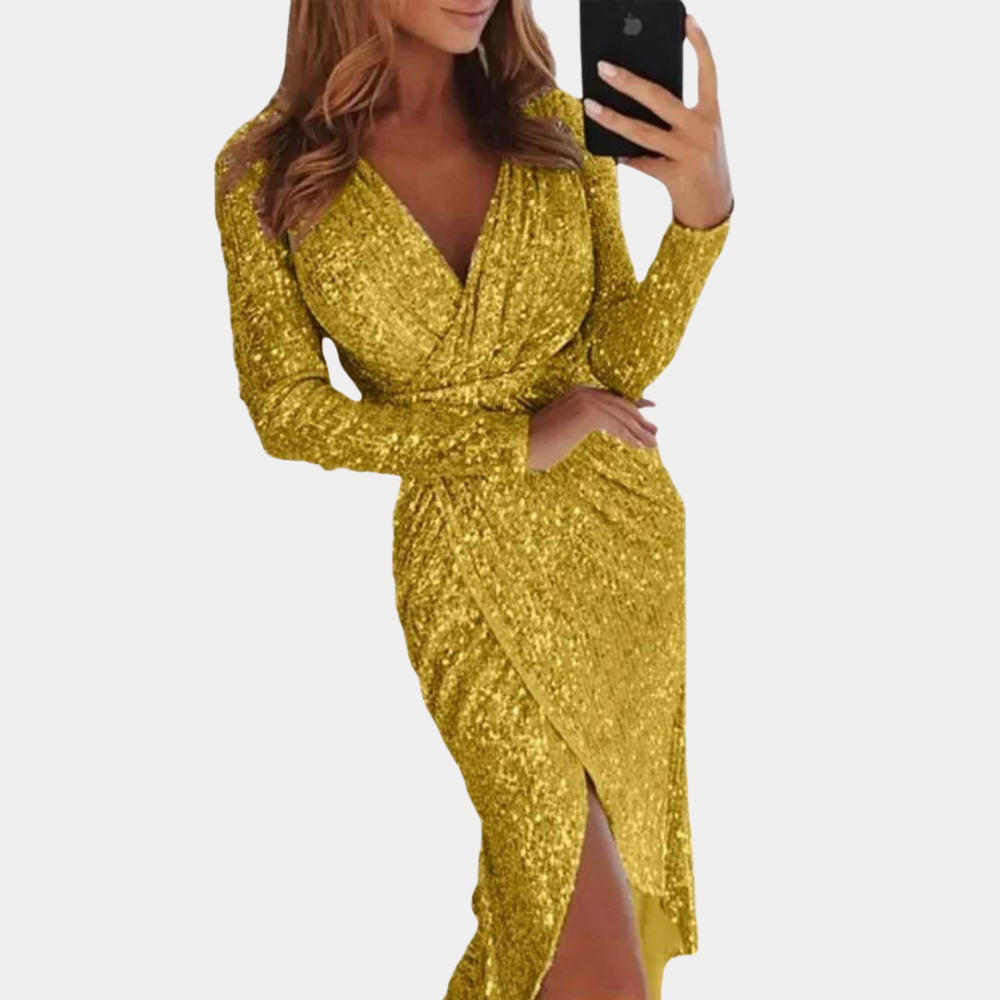 Women's silver sequin wrap evening dress with V-neckline, tailored faux-wrap bodice, and thigh-high slit