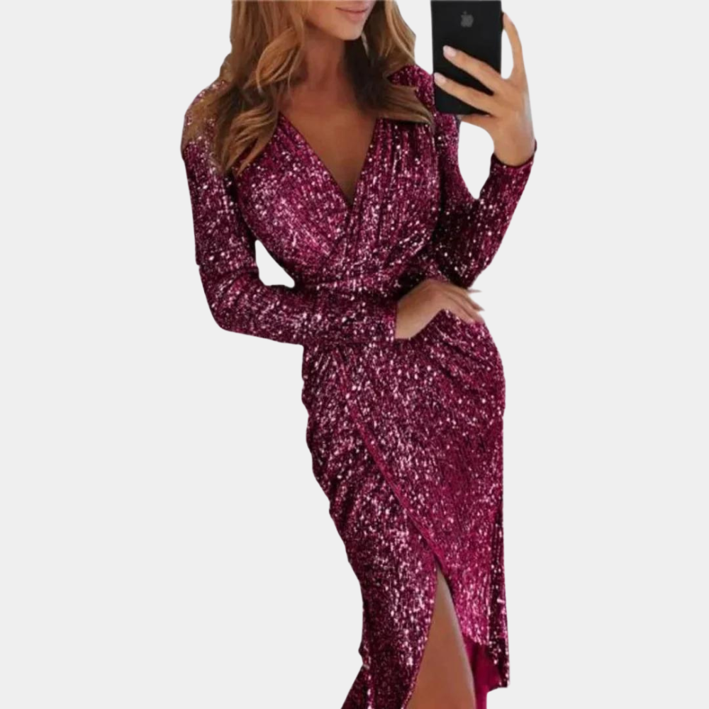 Women's sequin wrap evening dress with V-neck, front slit, and all-over hand-sewn radiant embellishment