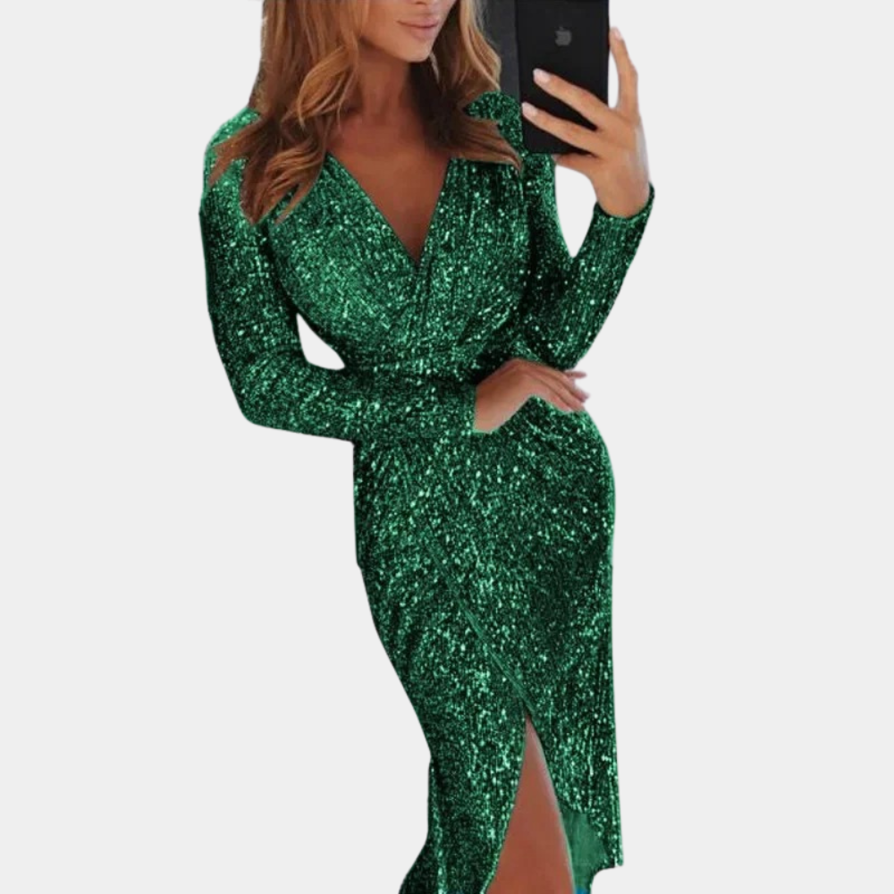 Women's silver sequin wrap evening dress with deep V-neck, faux-wrap bodice, and thigh-high slit