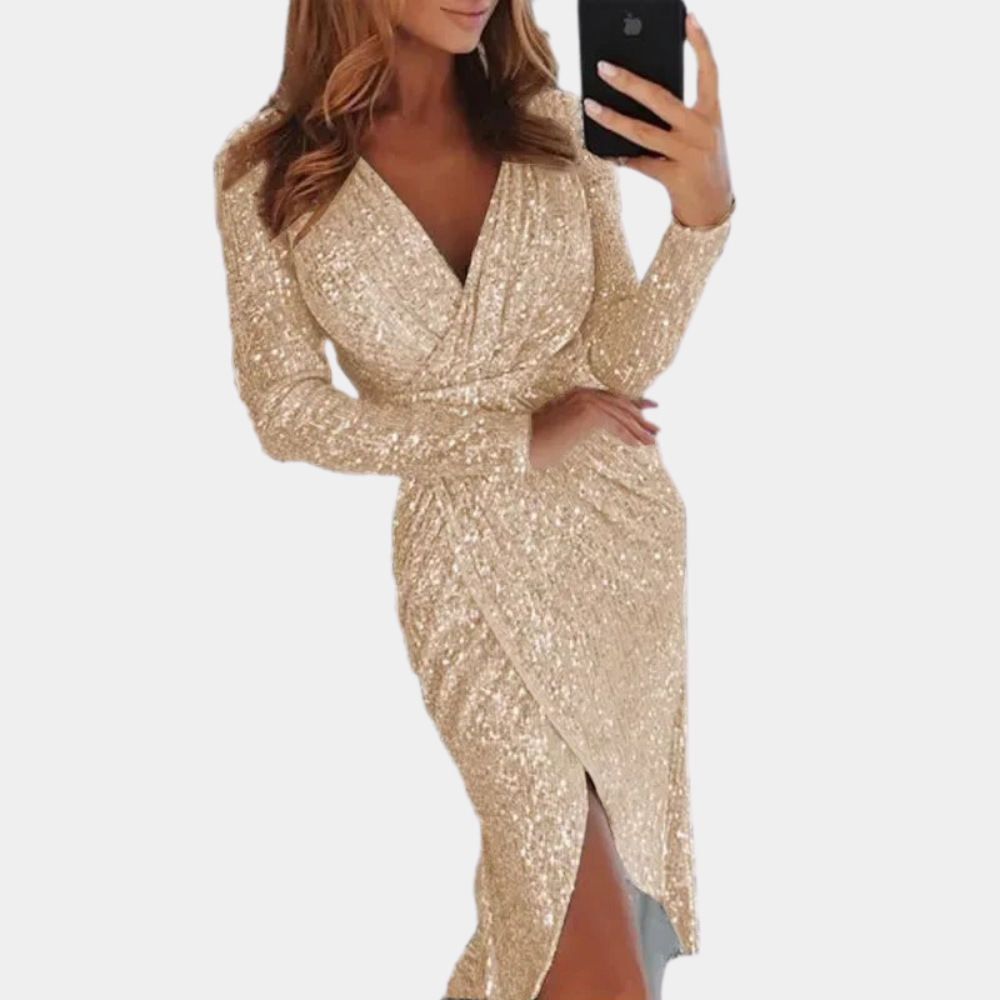 Women's sequin wrap evening dress with V-neck, side slit, and allover hand-sewn radiant embellishment