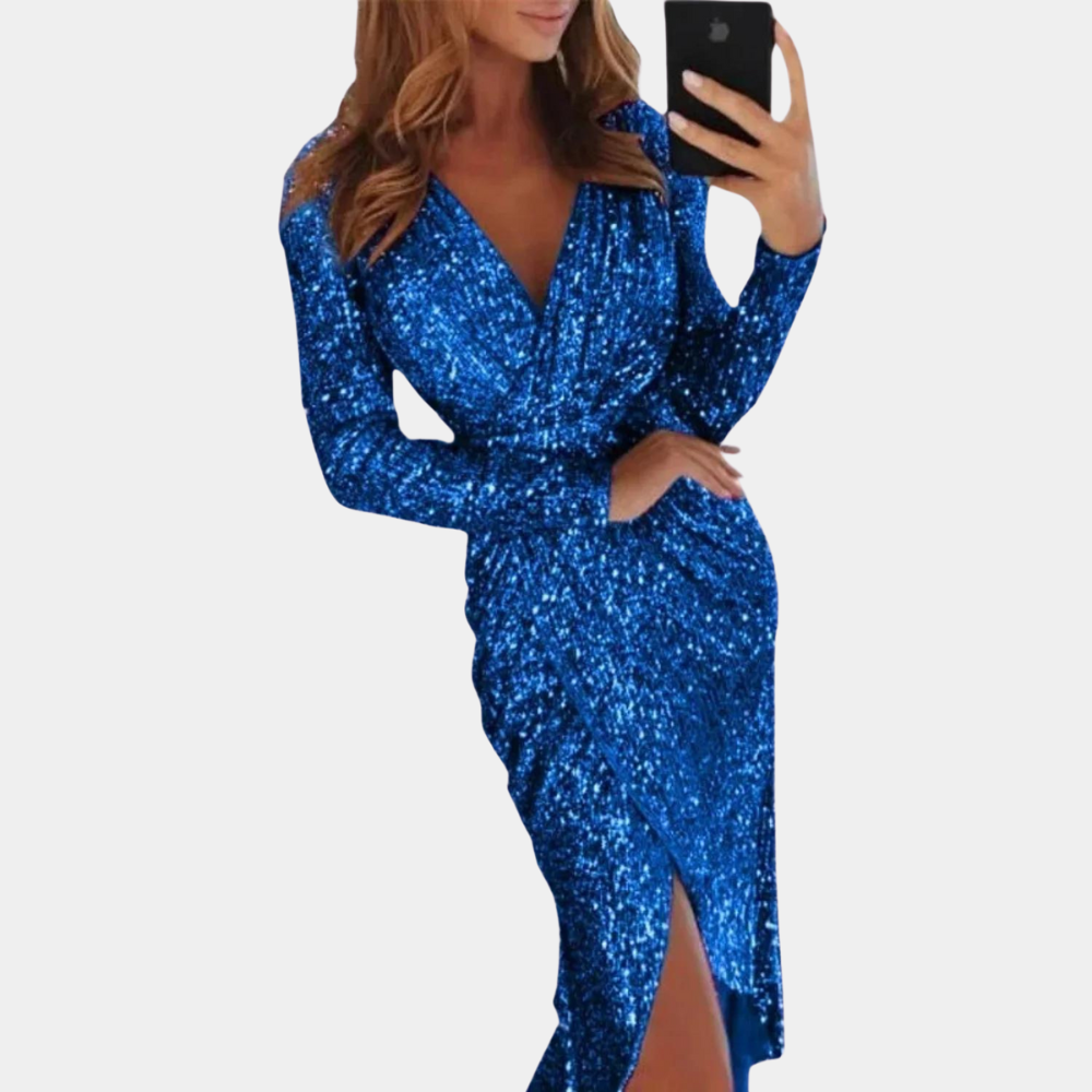 Women's silver sequin wrap evening dress with V-neck, tailored fit, and thigh-high slit