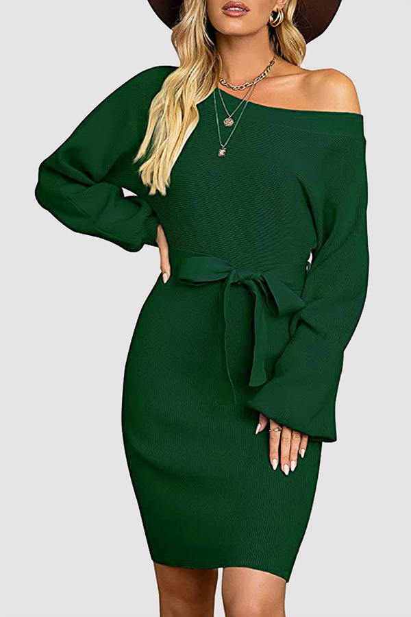 Ribbed knit sweater dress body-skimming pencil fit versatile work-to-weekend style by Urbann-Vibe