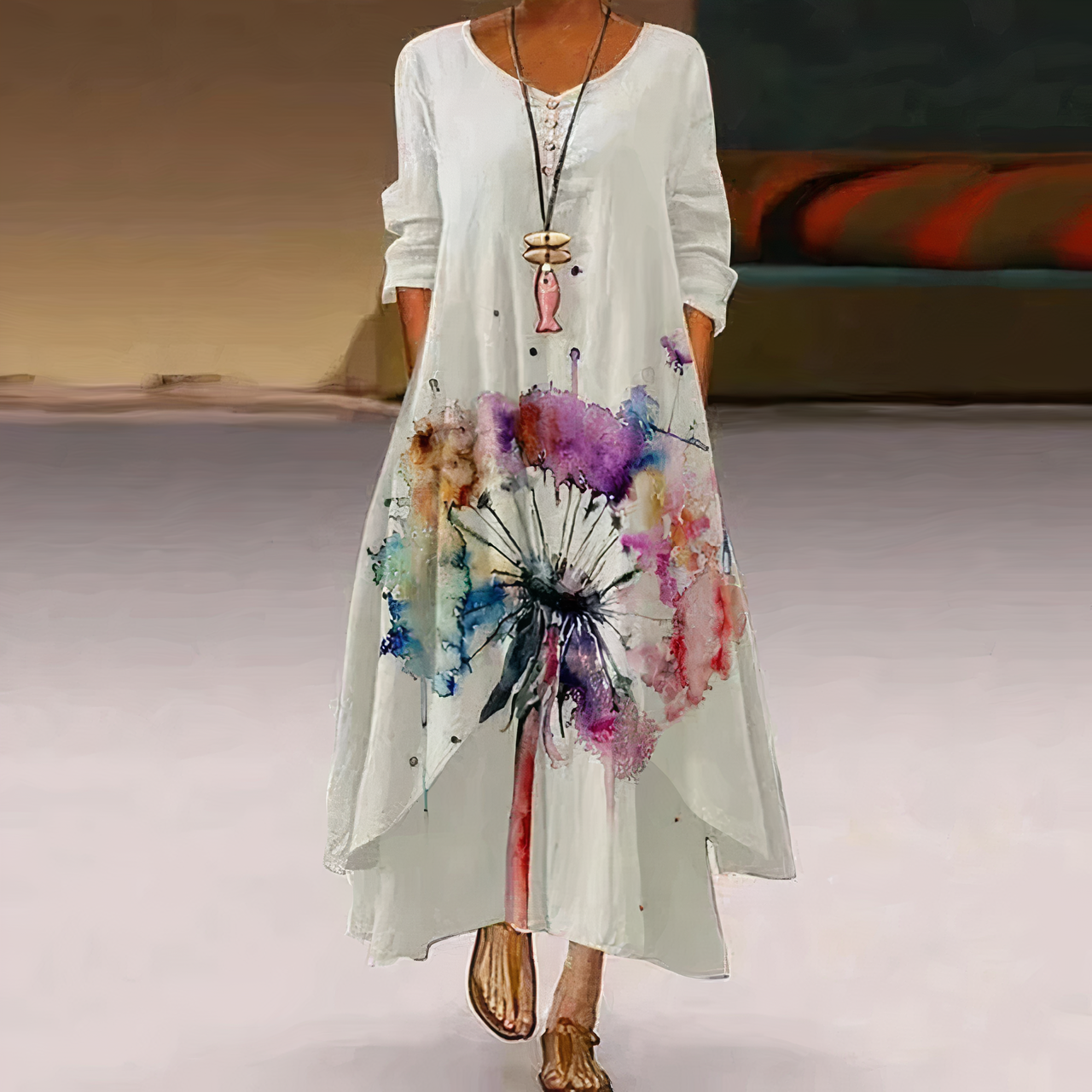 Boho casual long sleeve dress flowing A-line silhouette button detail neckline women cotton blend