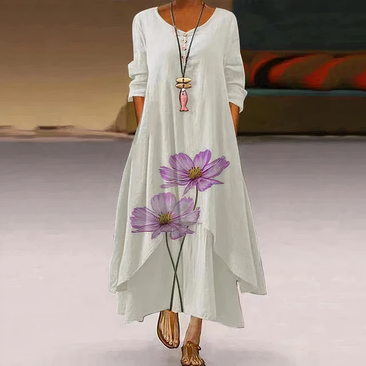 Boho women's long sleeve A-line dress with flowing silhouette and button detail neckline