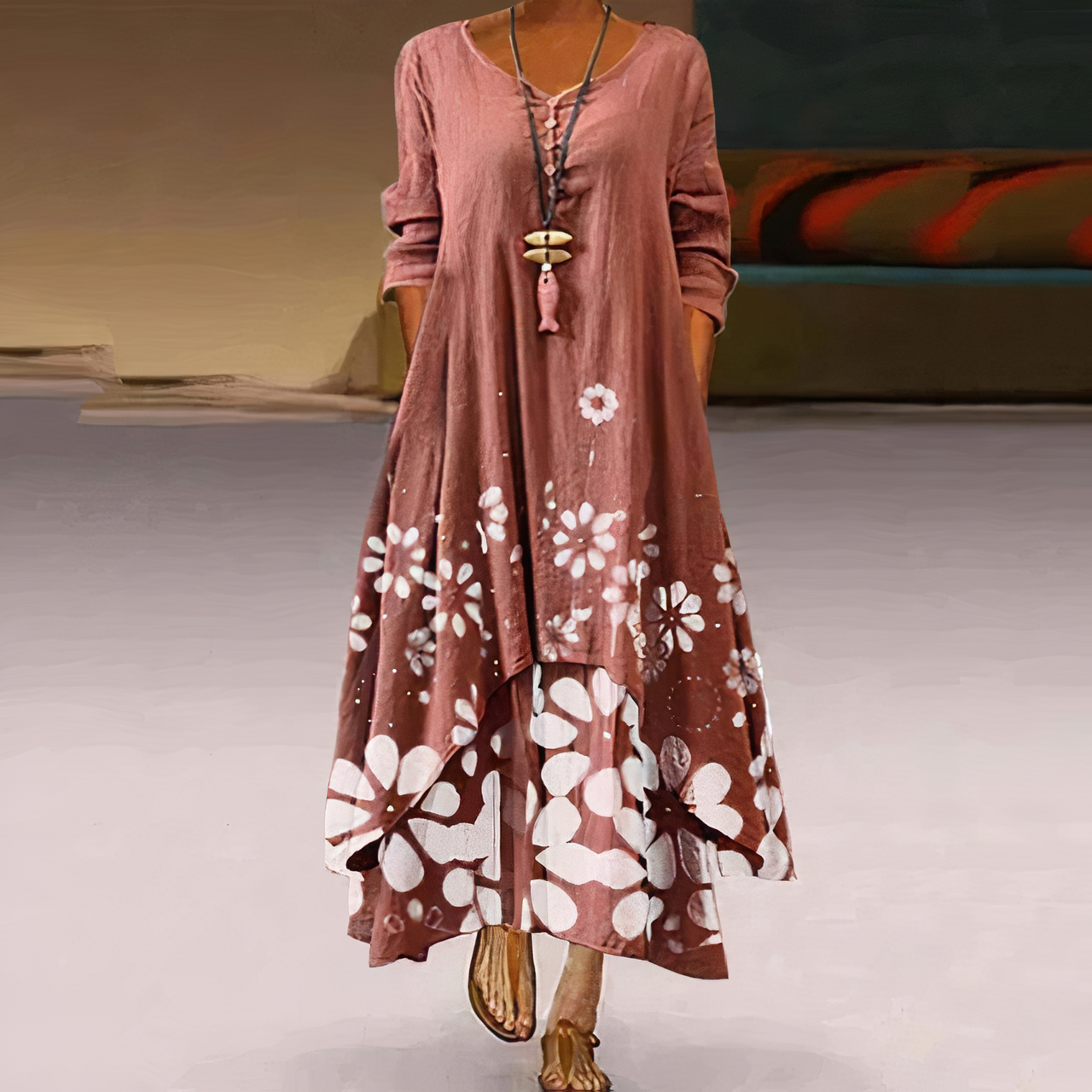 Boho long sleeve A-line dress with flowing silhouette and button detail neckline, casual chic style