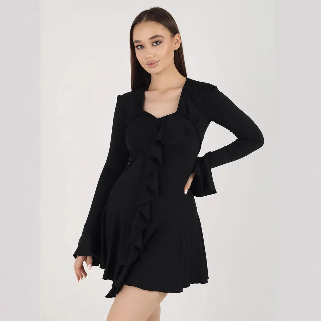 Slim fit V-neck mini dress with ruffle front and dramatic bell sleeves for women eveningwear