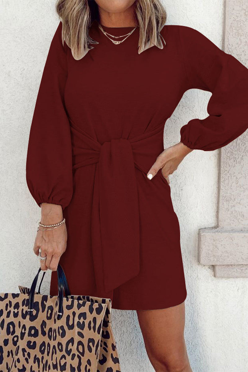 Women's long sleeve mini dress cinched silhouette cotton blend stretch everyday glam urban style