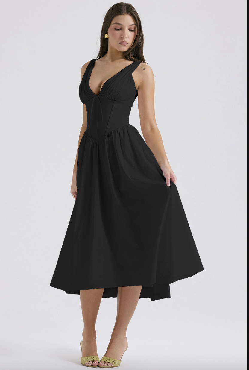 Black sleeveless V-neck midi evening dress sculpted bodice formal cocktail style stretch fit