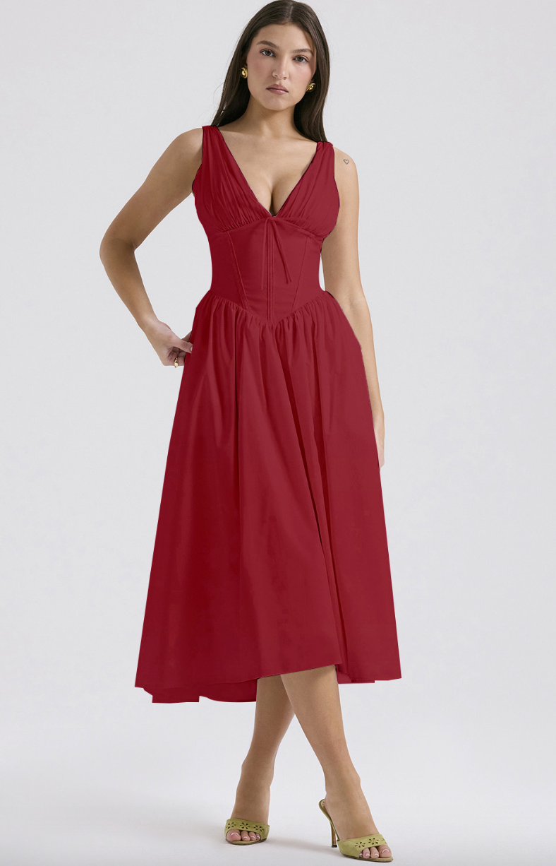 Black sleeveless V-neck midi evening dress with sculpted fitted bodice and light stretch fabric