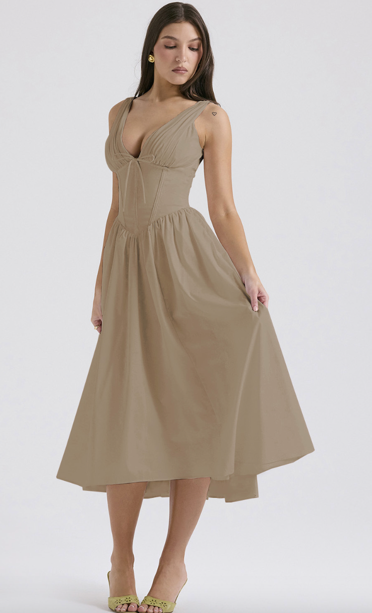 Black sleeveless V-neck midi evening dress with sculpted fitted bodice and light stretch fabric