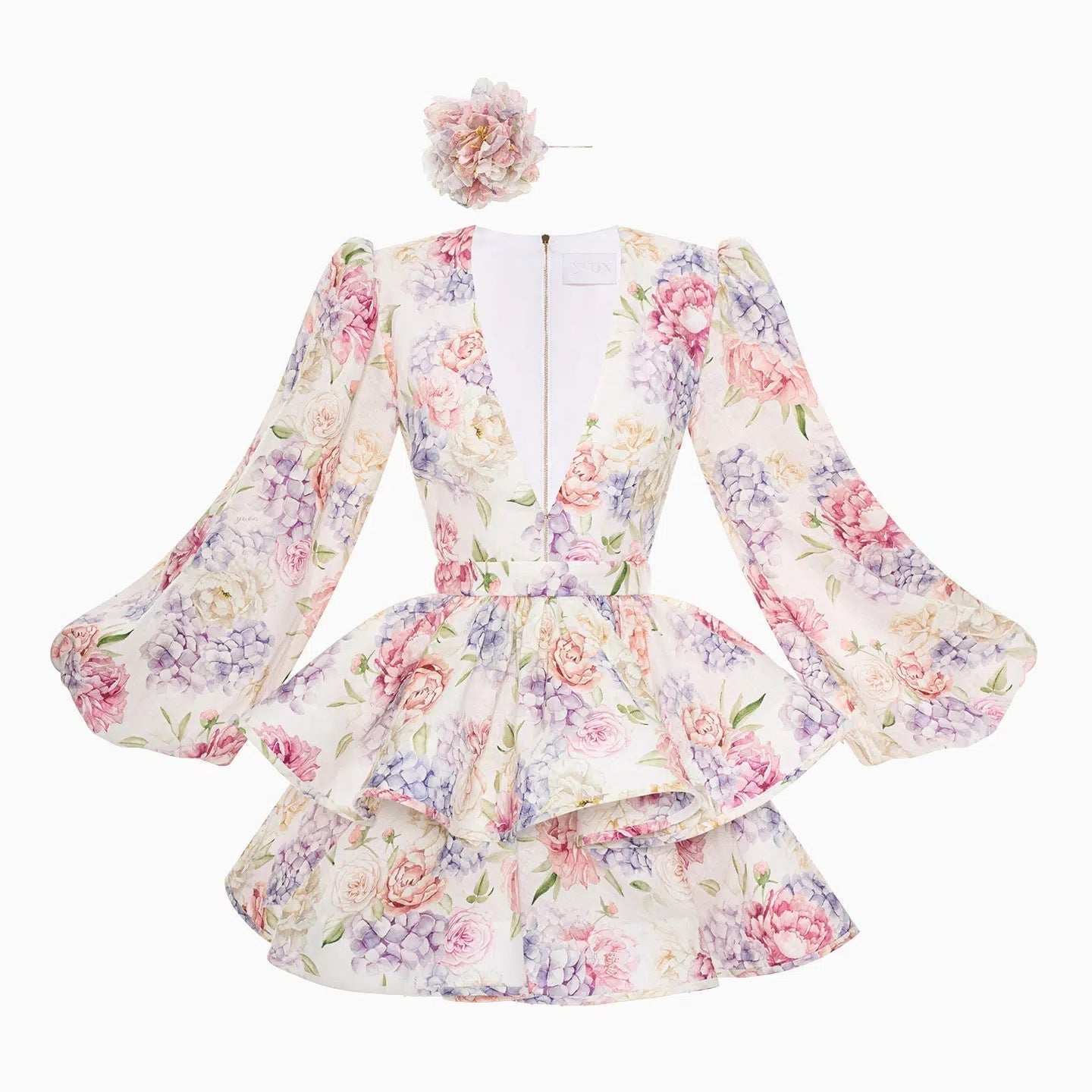 Vibrant floral mini dress deep V-neck tiered skirt garden party silhouette Urbann-Vibe