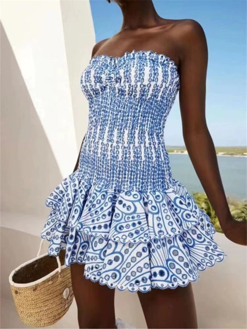 Strapless mini dress ivory shirred bodice sweetheart neckline cascading ruffle hem warm-weather style