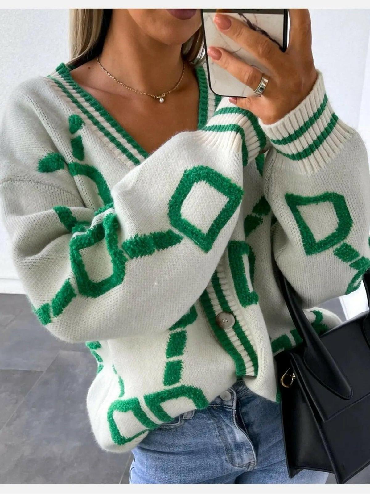 Women's geometric pattern relaxed-fit button-up cardigan bold colorful cozy statement knit layer