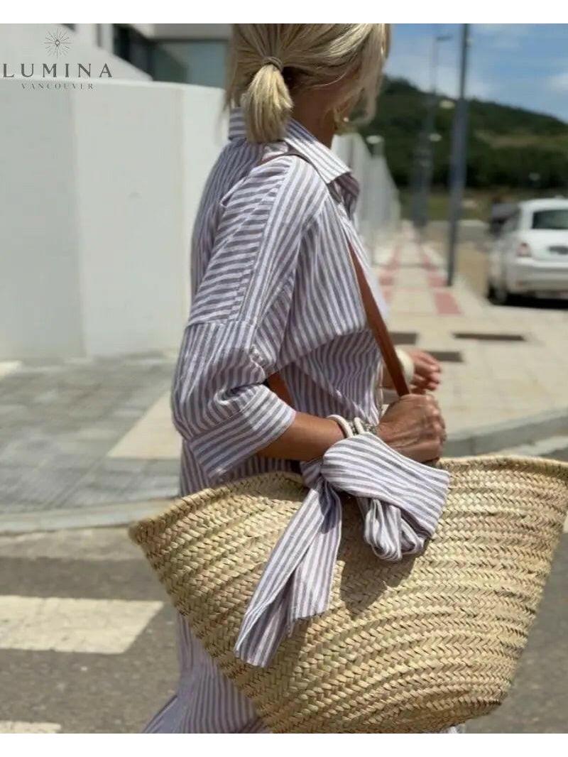 Women's white striped lace shirt dress lightweight elegant spring garden party midi cut