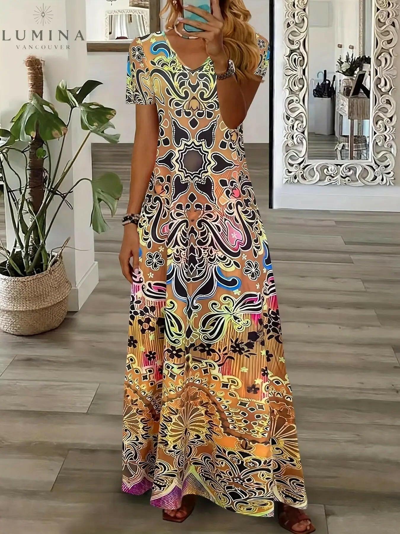 Vintage floral V-neck flowy midi dress in soft pastel tones with delicate daisy print