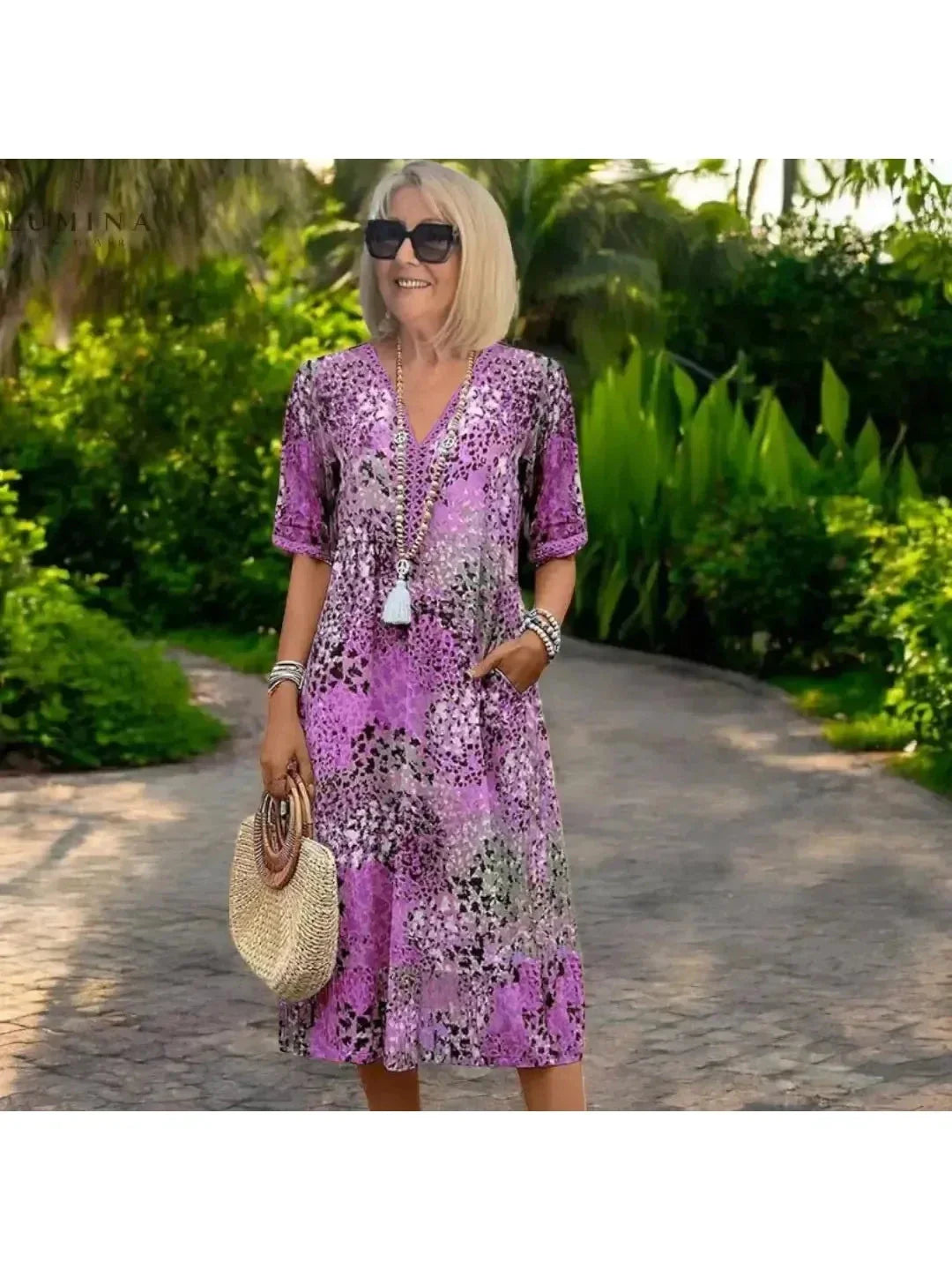 Women's Isla lightweight spring dress in vibrant colors, relaxed flowing silhouette for brunch outings