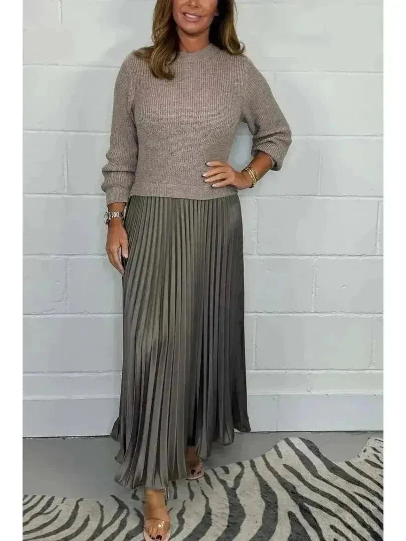 Women's knit colorblock long sleeve dress flattering silhouette casual style two-tone panels