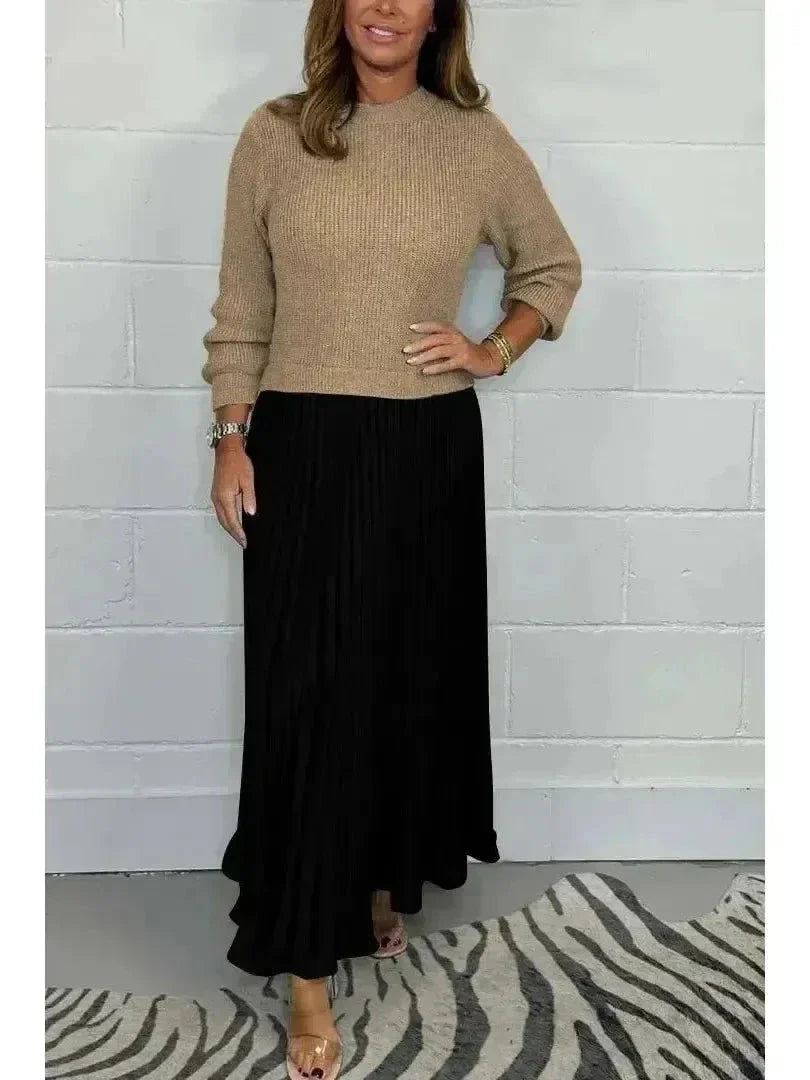 Women's knit colorblock long sleeve dress with flattering silhouette in casual contemporary style