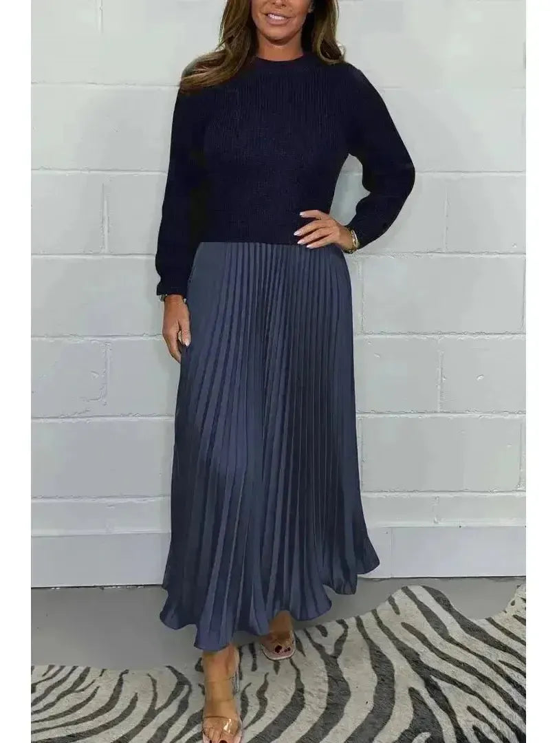 Women's colorblock knit long sleeve dress with flattering silhouette for casual gatherings
