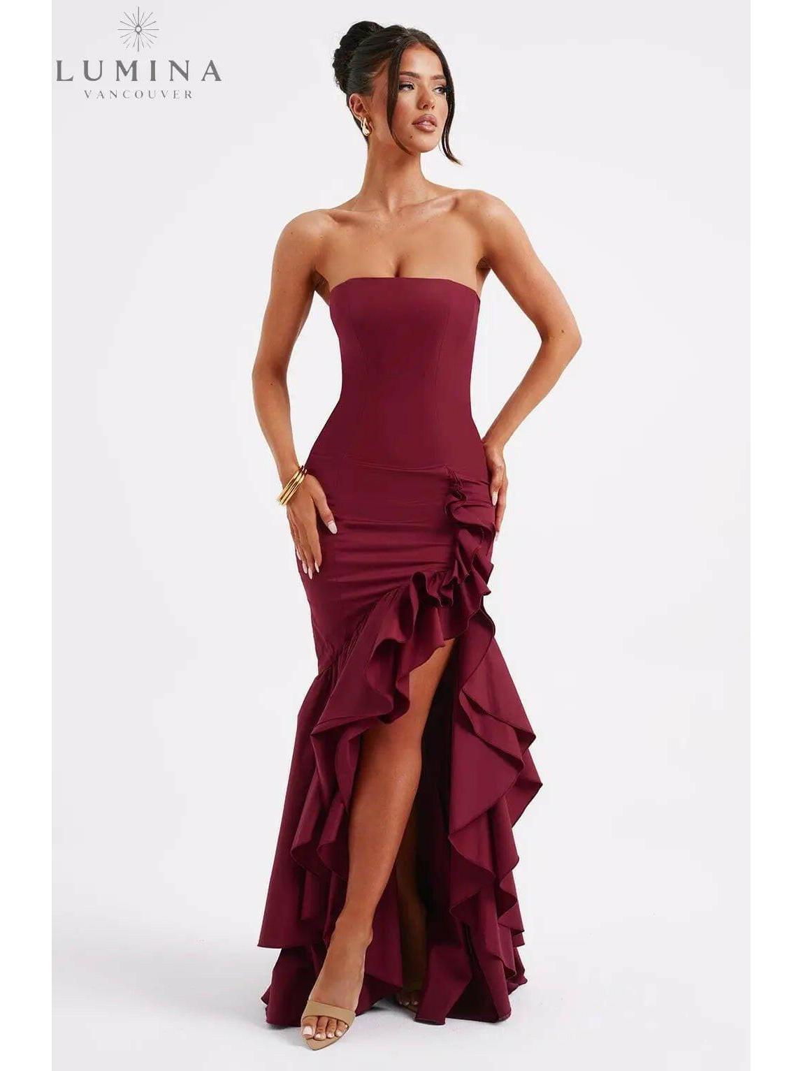 Elegant sleeveless ruffle maxi dress with flowing silhouette and daring side slit for women