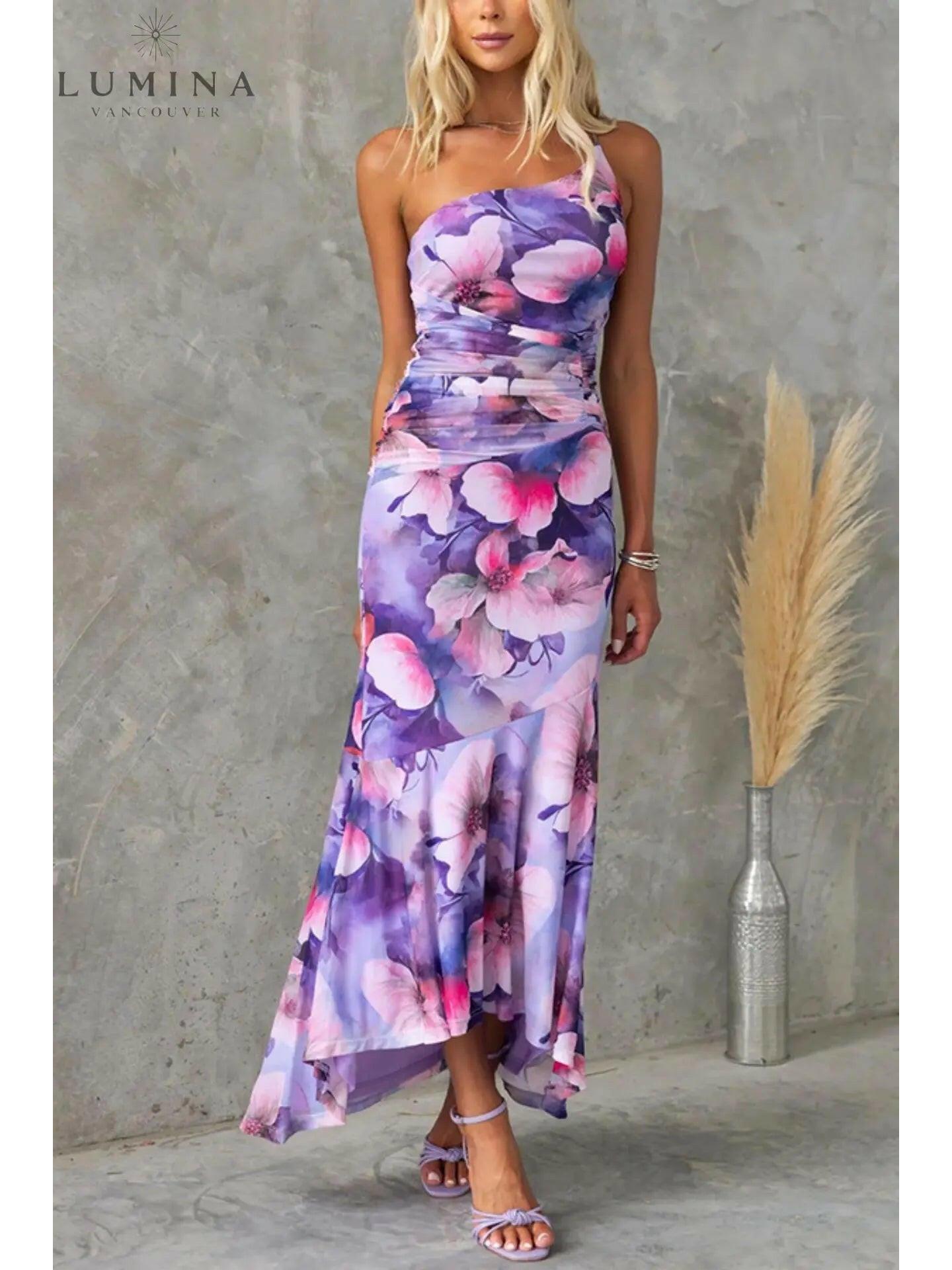 Women's pleated one-shoulder summer dress with asymmetric hem and captivating lightweight print
