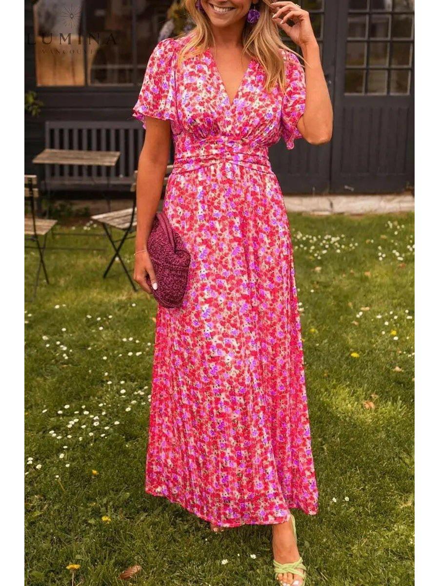 Floral maxi dress V-neck elegant flowing silhouette soft pleats feminine summer style