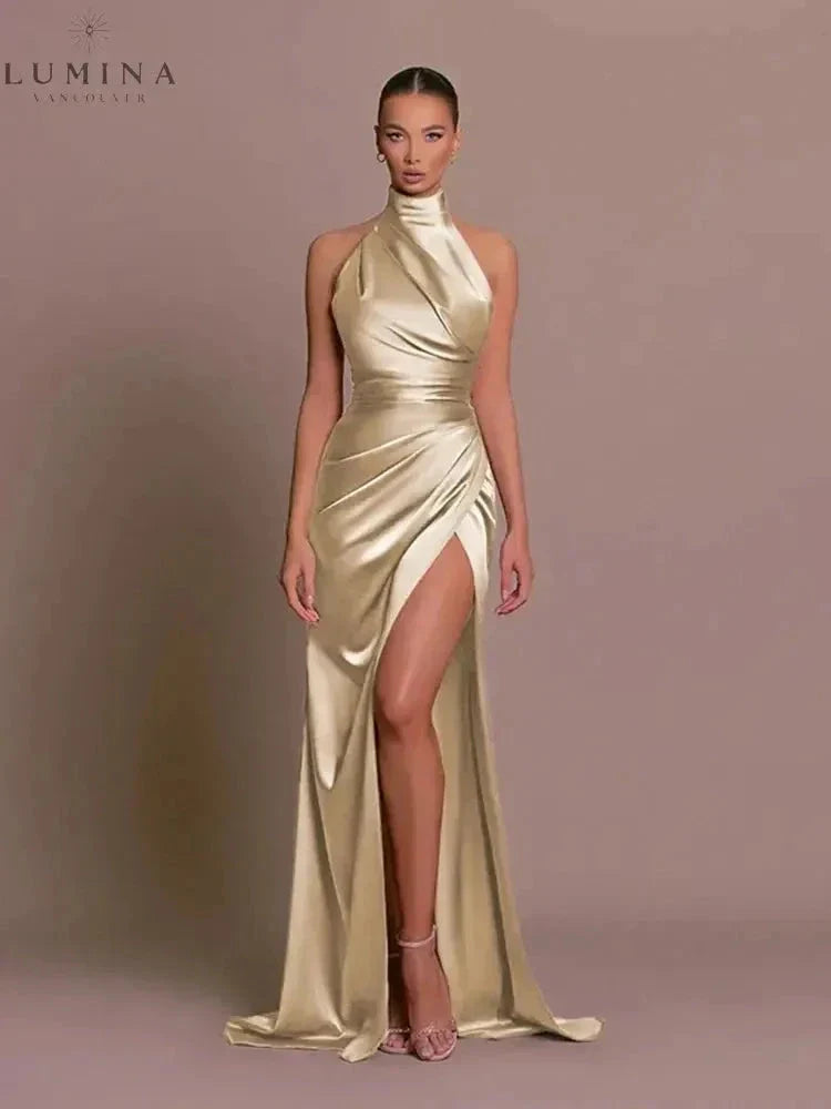 Cleo sleek black formal evening gown with elegant form-flattering fit and sophisticated thigh-high slit