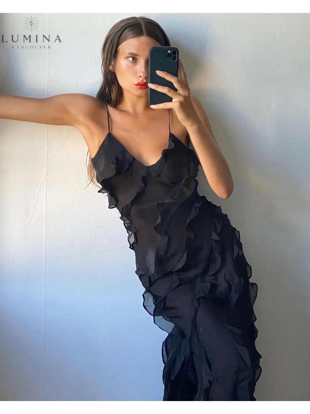 Aliza ruffled maxi dress for women elegant flowy silhouette with cascading ruffles for weddings