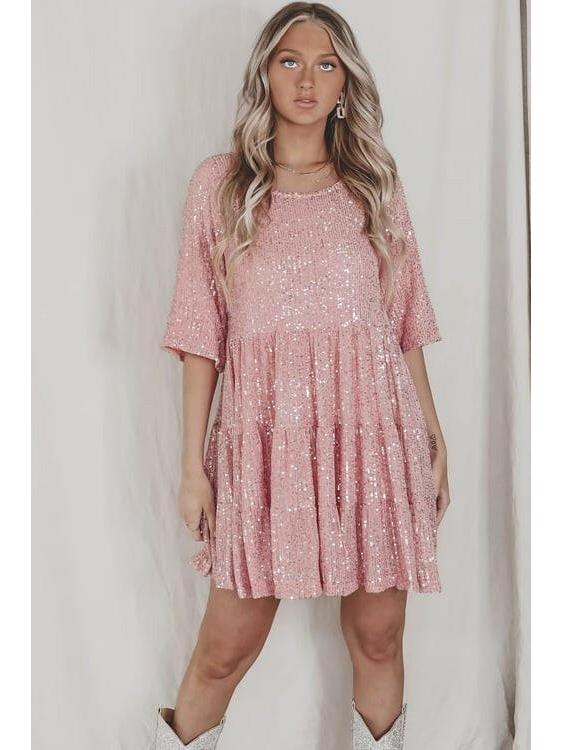 Silver sequin tiered mini dress with all-over sparkle, relaxed silhouette for cocktail parties