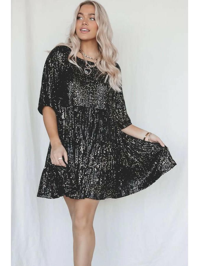 Silver sequin tiered mini dress with all-over sparkle, relaxed silhouette for cocktail parties