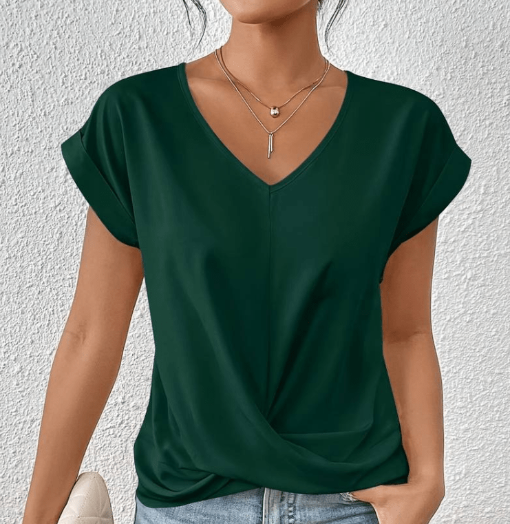 Women's twist front V-neck top, slimming tummy camouflage cut, elegant everyday essential