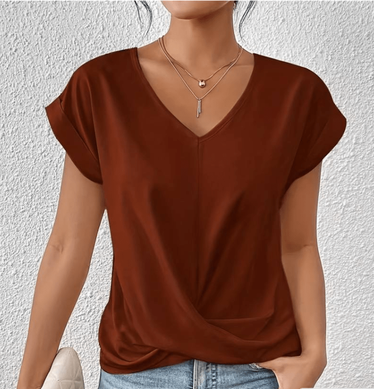 Women's twist front V-neck top in solid color, slimming ruched waist detail for tummy camouflage