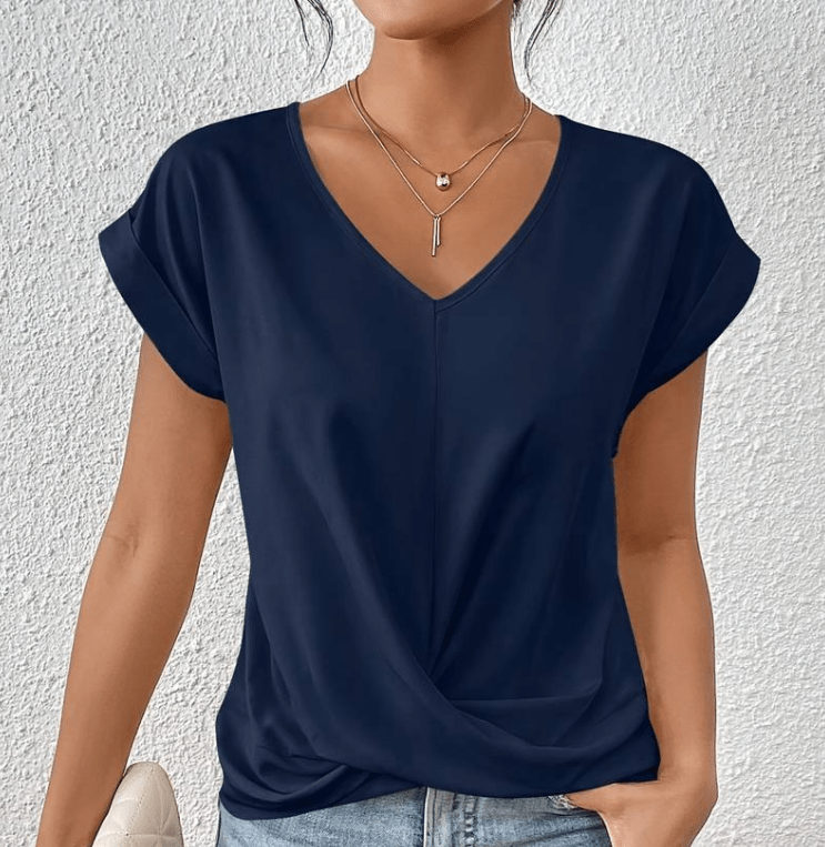 Women's twist front V-neck top in slimming fit with tummy camouflage ruched waist detail