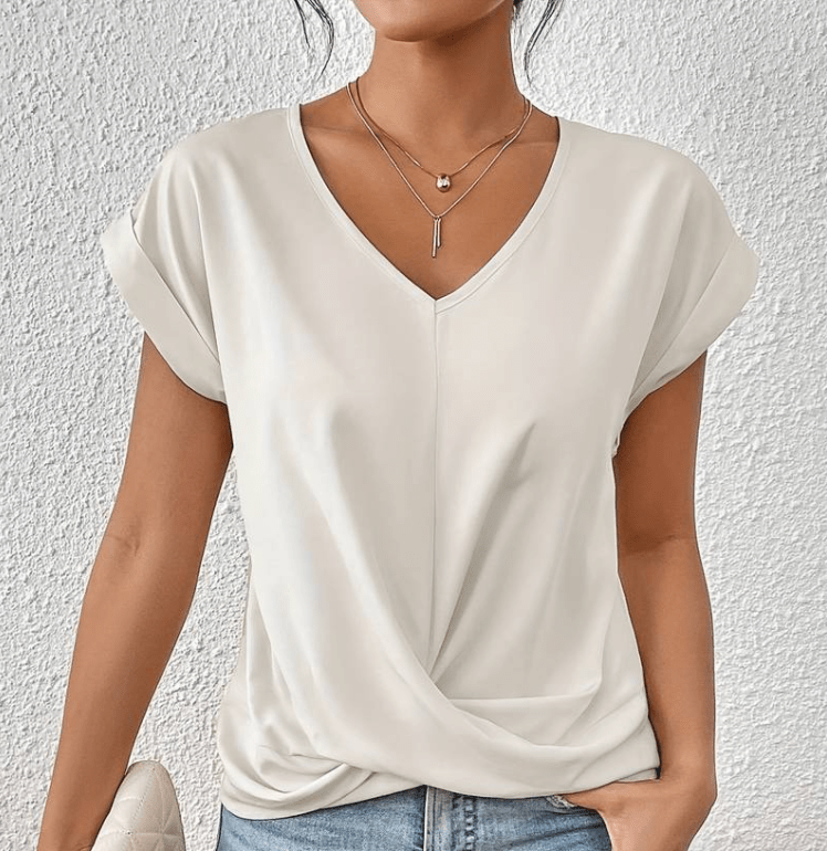 Women's twist front V-neck top in slimming cut with tummy camouflage and waist-sculpting drape