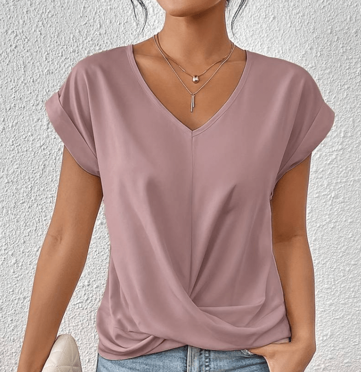 Women's twist front V-neck top, slimming tummy camouflage design, flattering waist-sculpting everyday essential