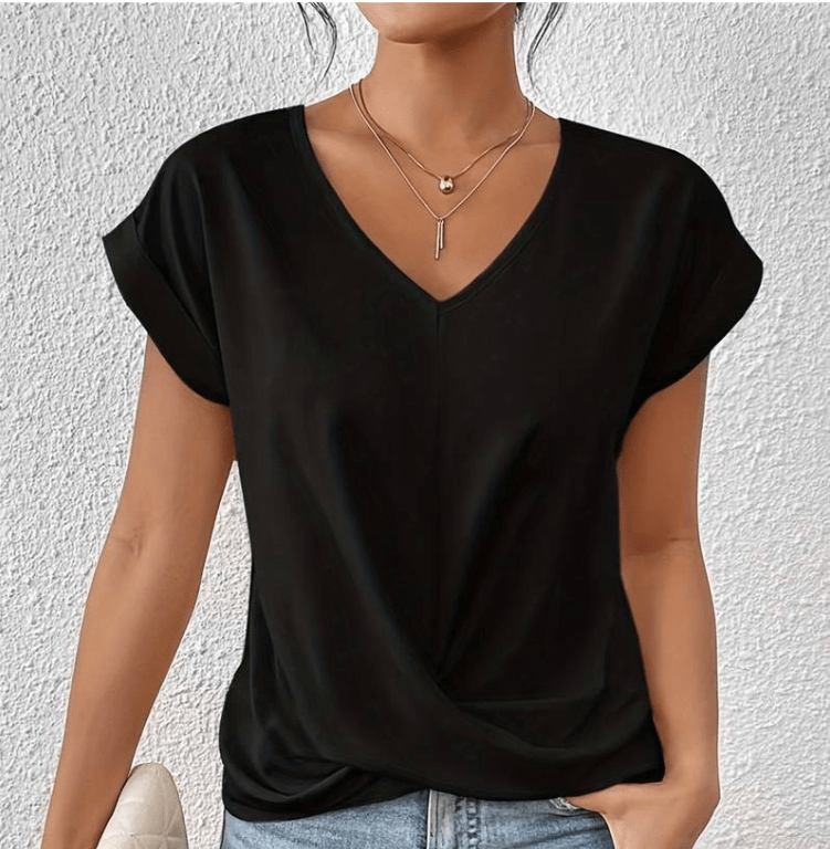 Women's twist front V-neck top, slimming tummy camouflage everyday essential, waist-sculpting drape