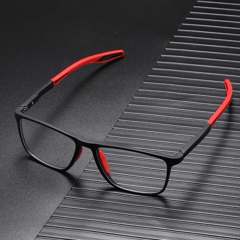 Men's two-tone rectangular multifocal reading glasses with textured grip temples, ultralight frame