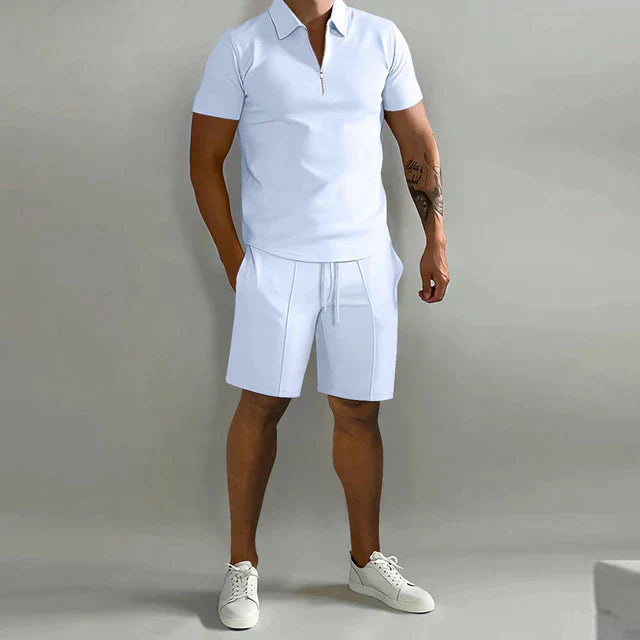 Men's luxury matching polo and shorts set, breathable summer two-piece in elegant smart-casual style