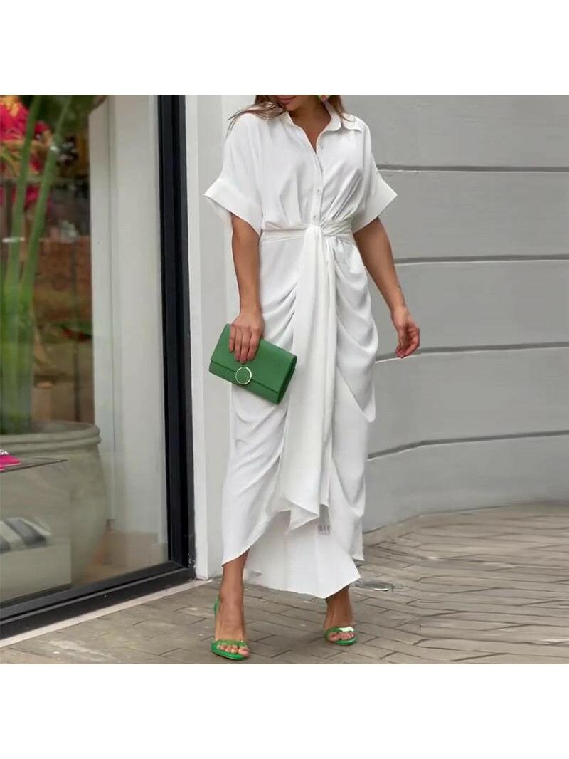 Women's midi V-neck casual dress in flowing fabric with adjustable tie waist for elegant everyday style