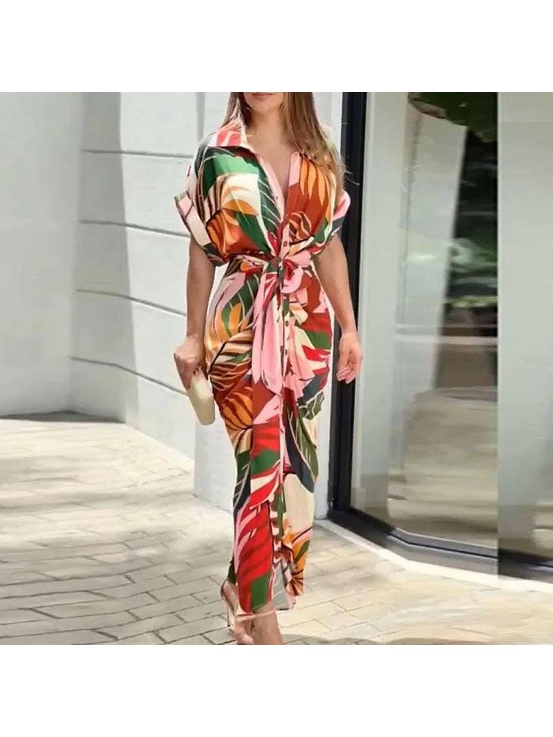 Women's midi V-neck casual dress flowing fabric tie waist breathable elegant all-occasion style