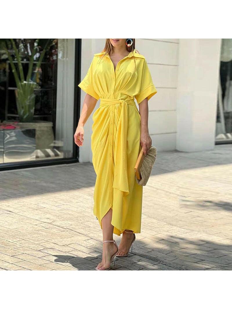 Women's midi V-neck casual dress in flowing fabric with adjustable tie waist for elegant everyday style