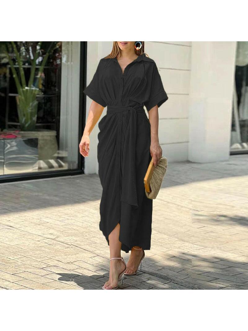 Women's midi V-neck casual dress flowing fabric tie waist breathable everyday elegance