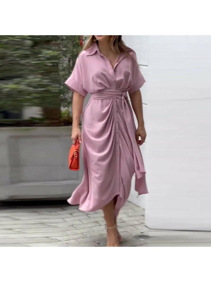 Women's midi V-neck casual dress flowing fabric tie waist breathable elegant all-occasion essential