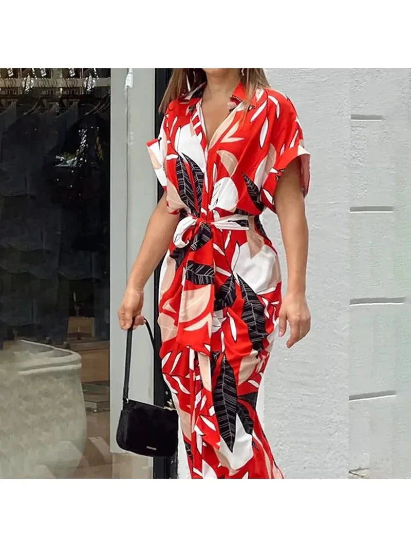 Women's midi V-neck casual dress in flowing fabric with adjustable tie waist for elegant everyday wear