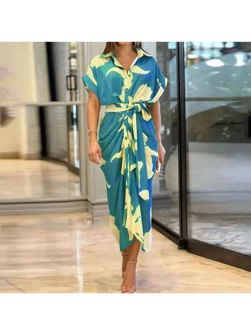 Lyla women's midi V-neck casual dress flowing fabric tie waist breathable everyday elegance